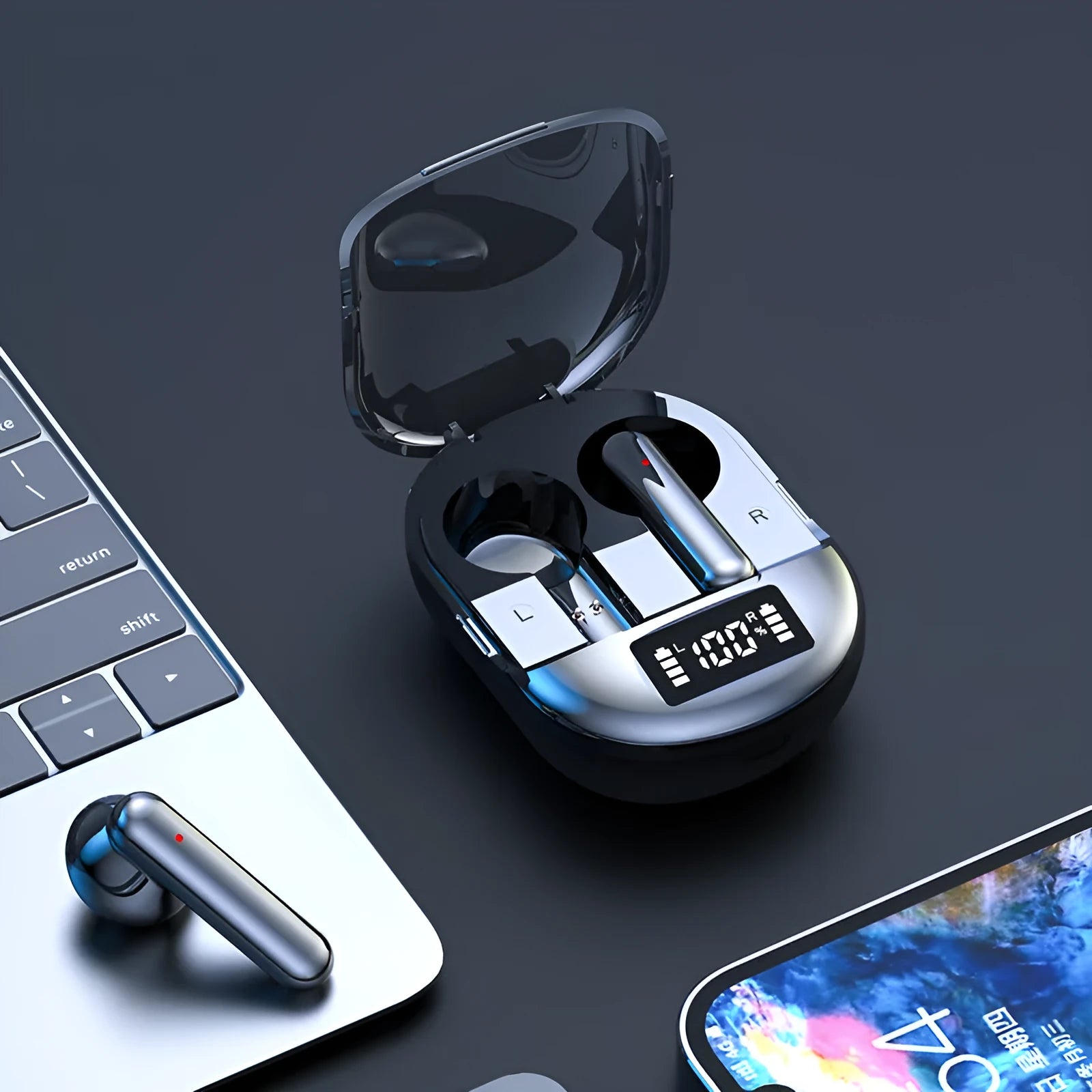 Black or white wireless Bluetooth in-ear headphones with digital display and charging bin