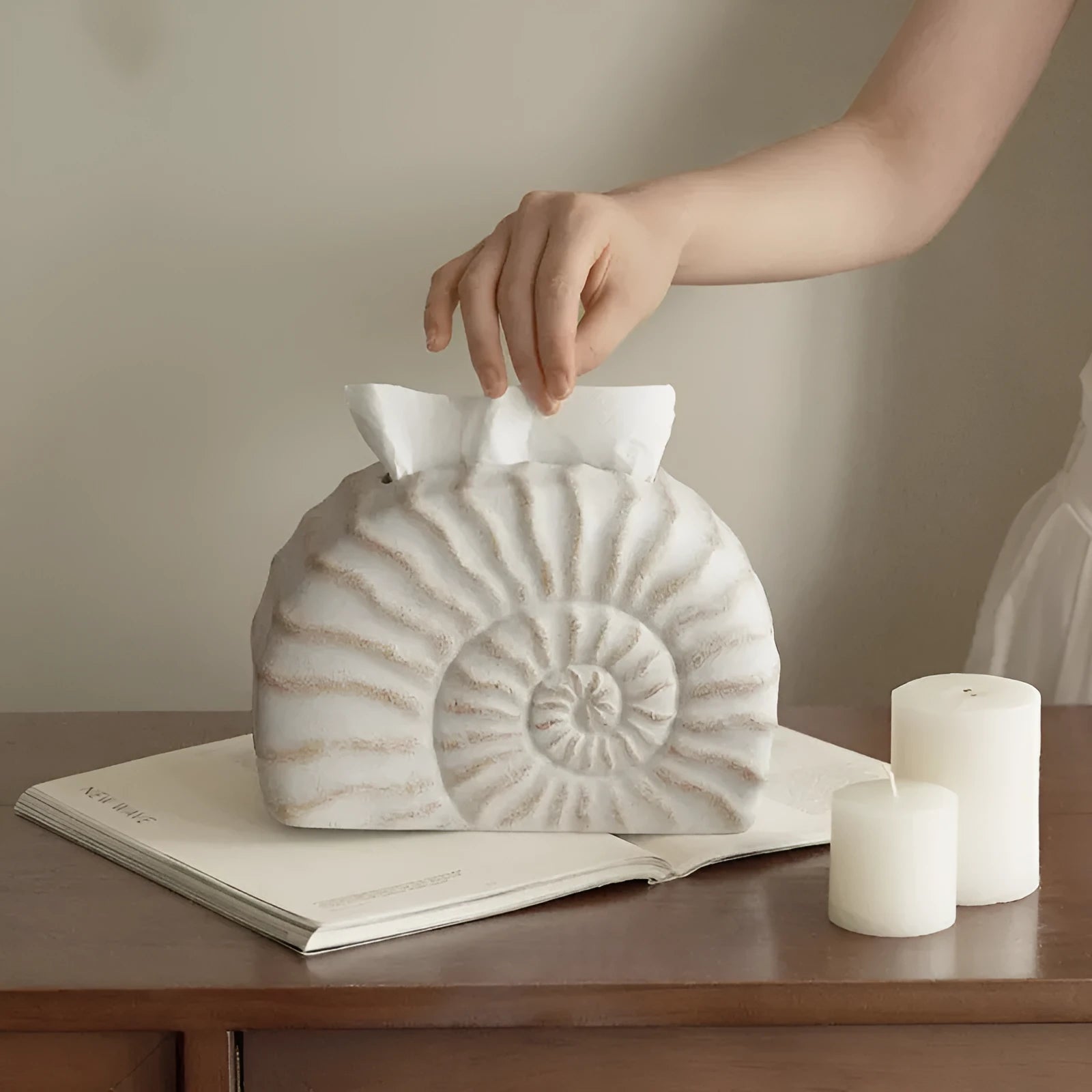 Modern conch ramble patterned resin decorative tissue box holder on a table.