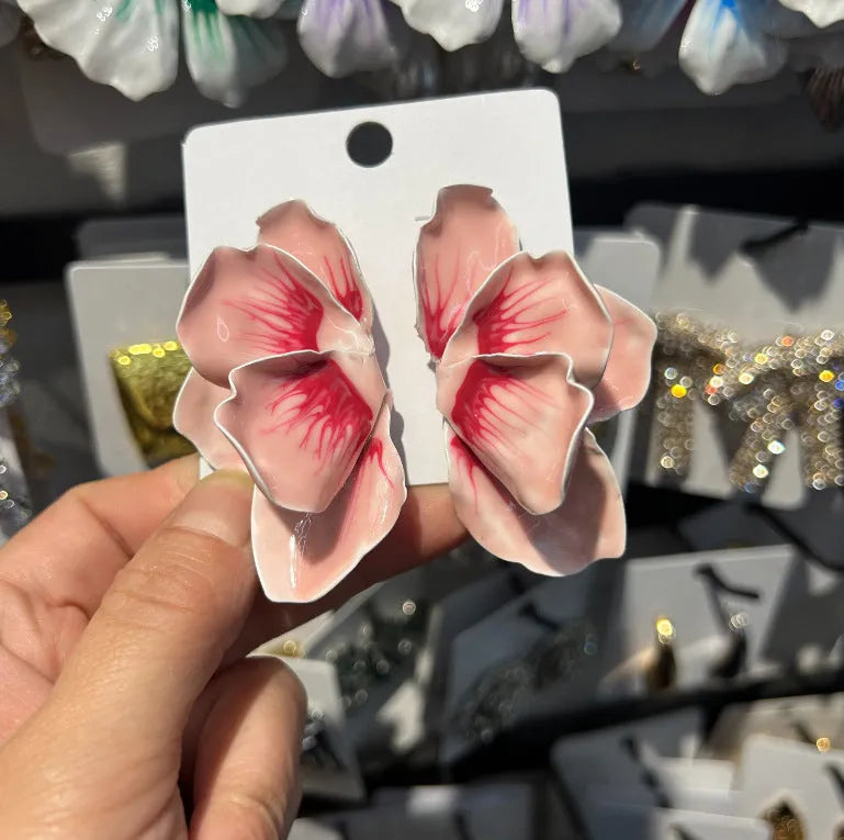Pastoral-style alloy flower stud earrings with oil-spot glaze electroplating finish