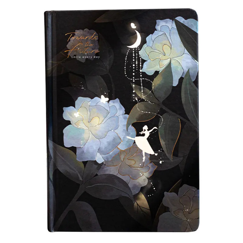 Four A5 hardcover notebooks with luminous covers in deep blue, gold, light blue, and purple colours.