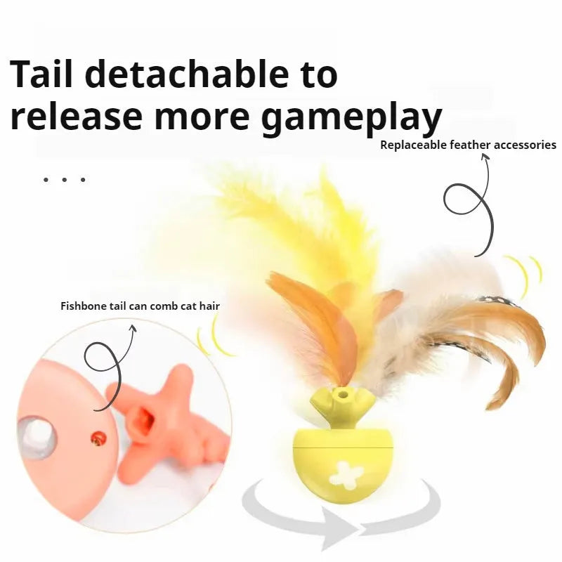 Electric cat fish bone toy with rolling ball and replaceable feather in blue colour