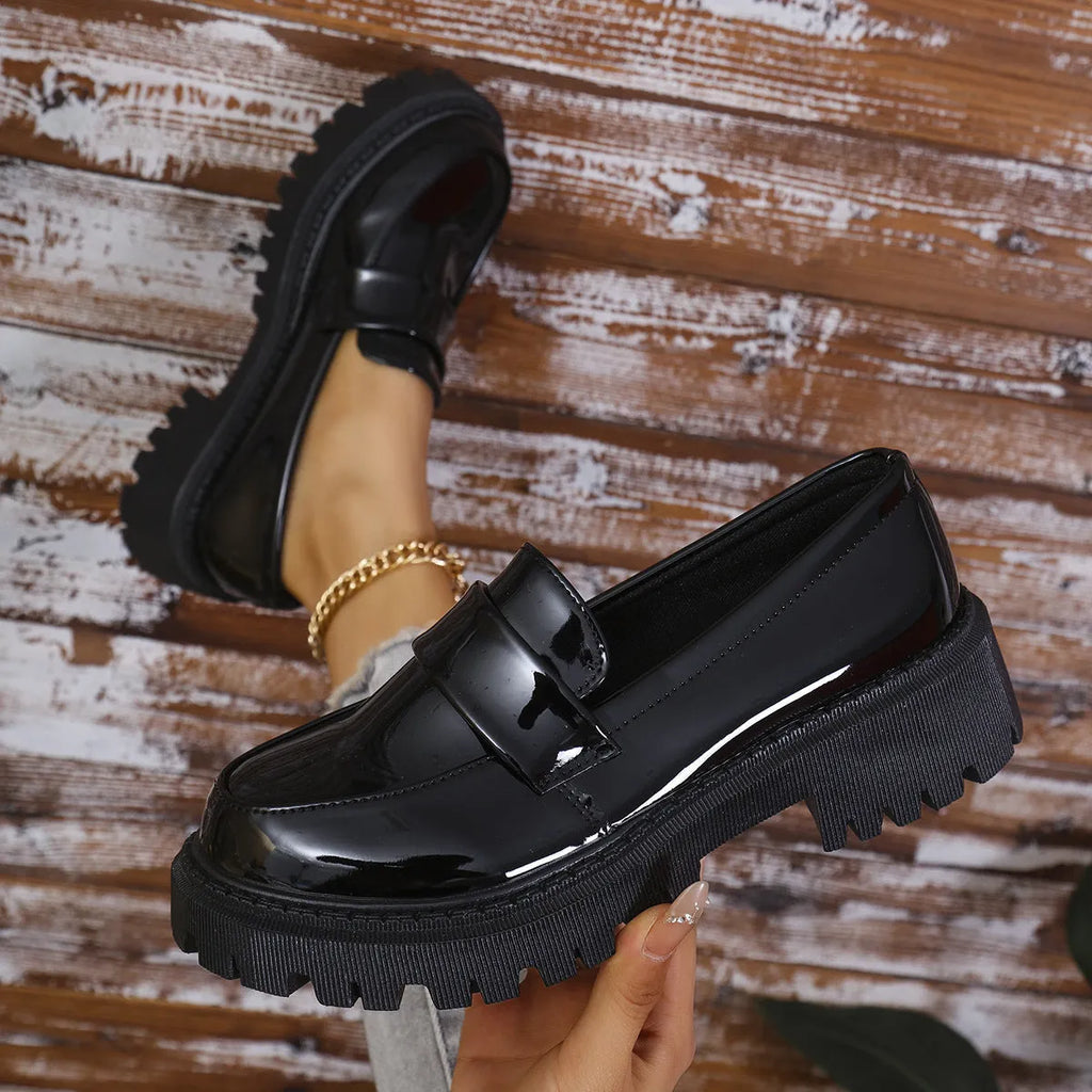 Women's slip-on loafers with chunky platform heel in black, wine red, or green