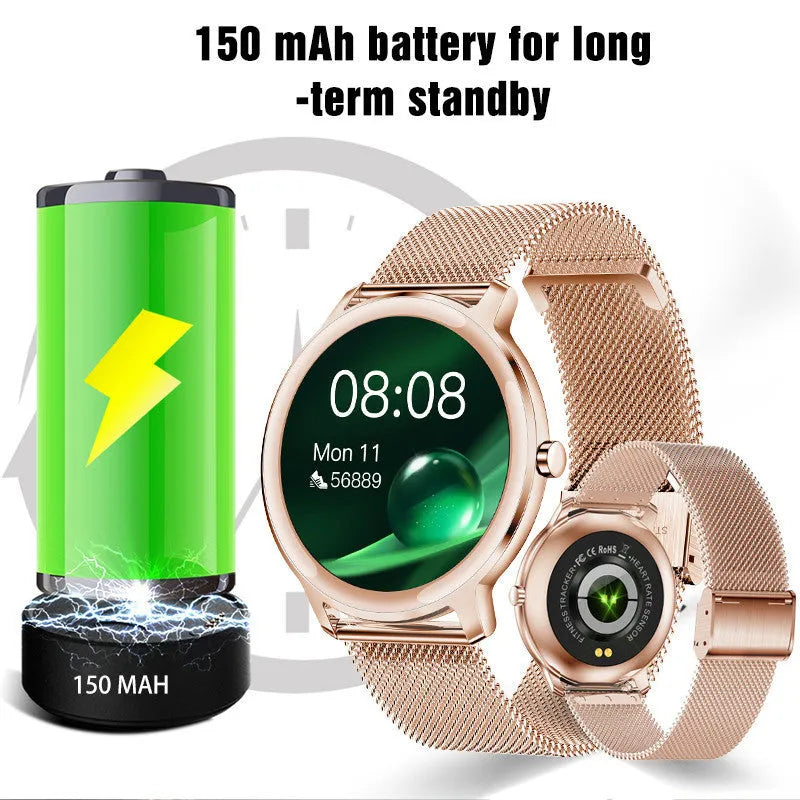 Women's smart watch with 1.3-inch TFT screen and stainless steel wristband, mesh belt rose colour
