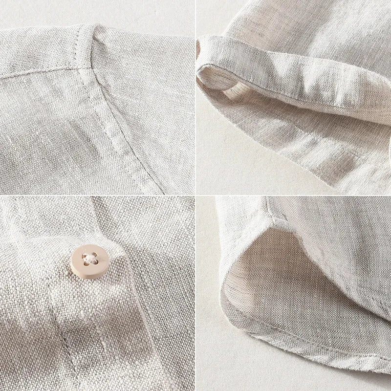 Men's linen square collar short sleeve shirt in raw jute colour on hanger