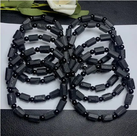 Natural black tourmaline rough stone bracelet unisex 10mm bead size about 8.5mm to 9mm