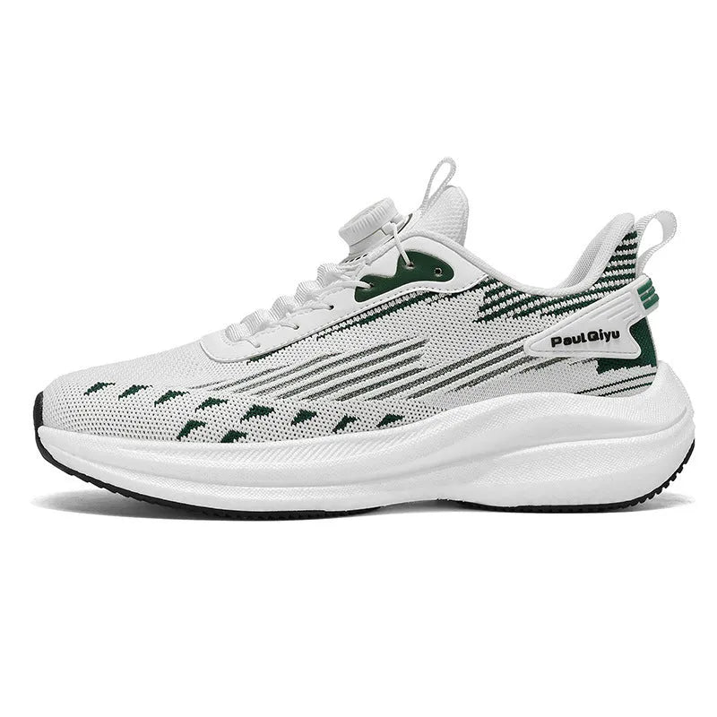 Men's white green and black rotating buckle Fly-kit mesh casual sports running shoes on a flat sole.