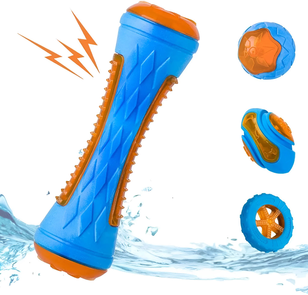TPR floating squeaky dog toy with bump and spike textures in ball, barbell, or tyres shapes