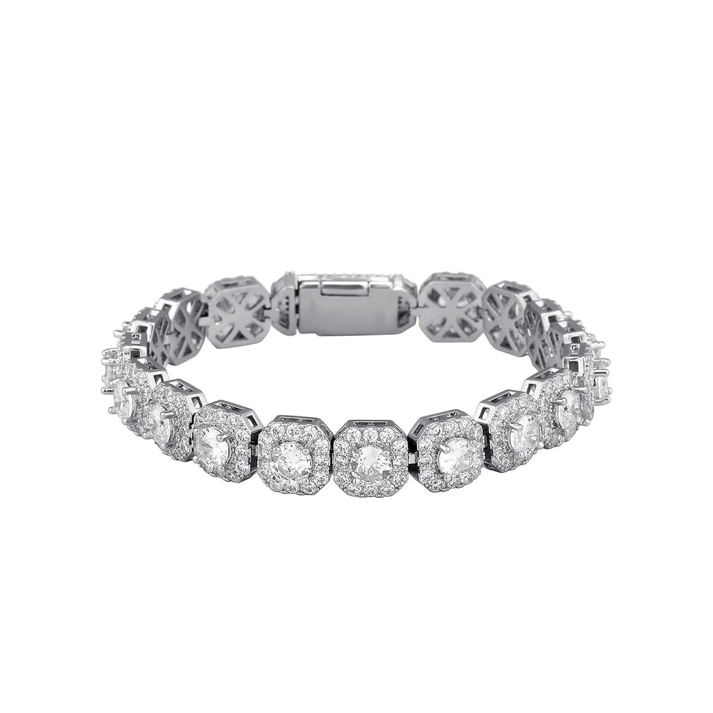 Men's silver zircon flip Cuban chain bracelet on wrist showing inlaid zircon and clasp detail