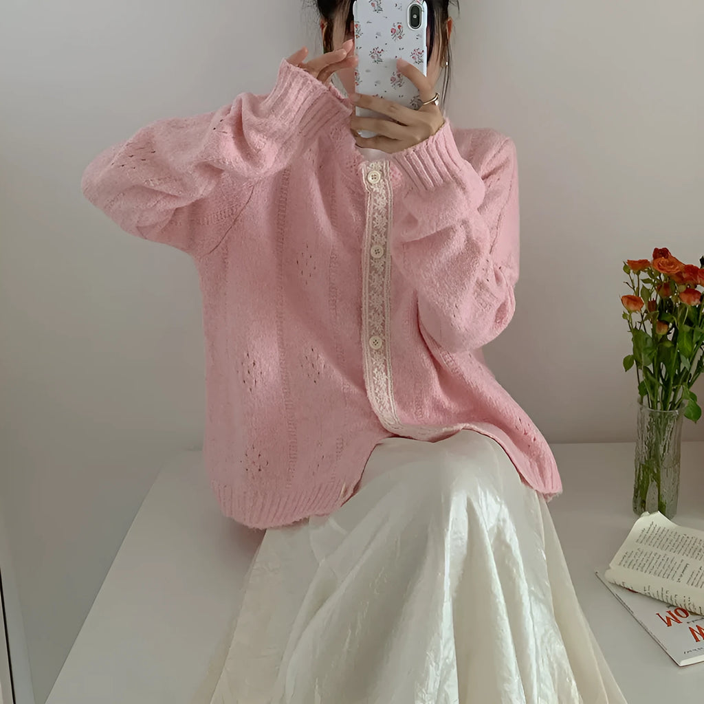 Korean art retro loose-fitting sweater coat in apricot, shown as a cardigan-style viscose knit.
