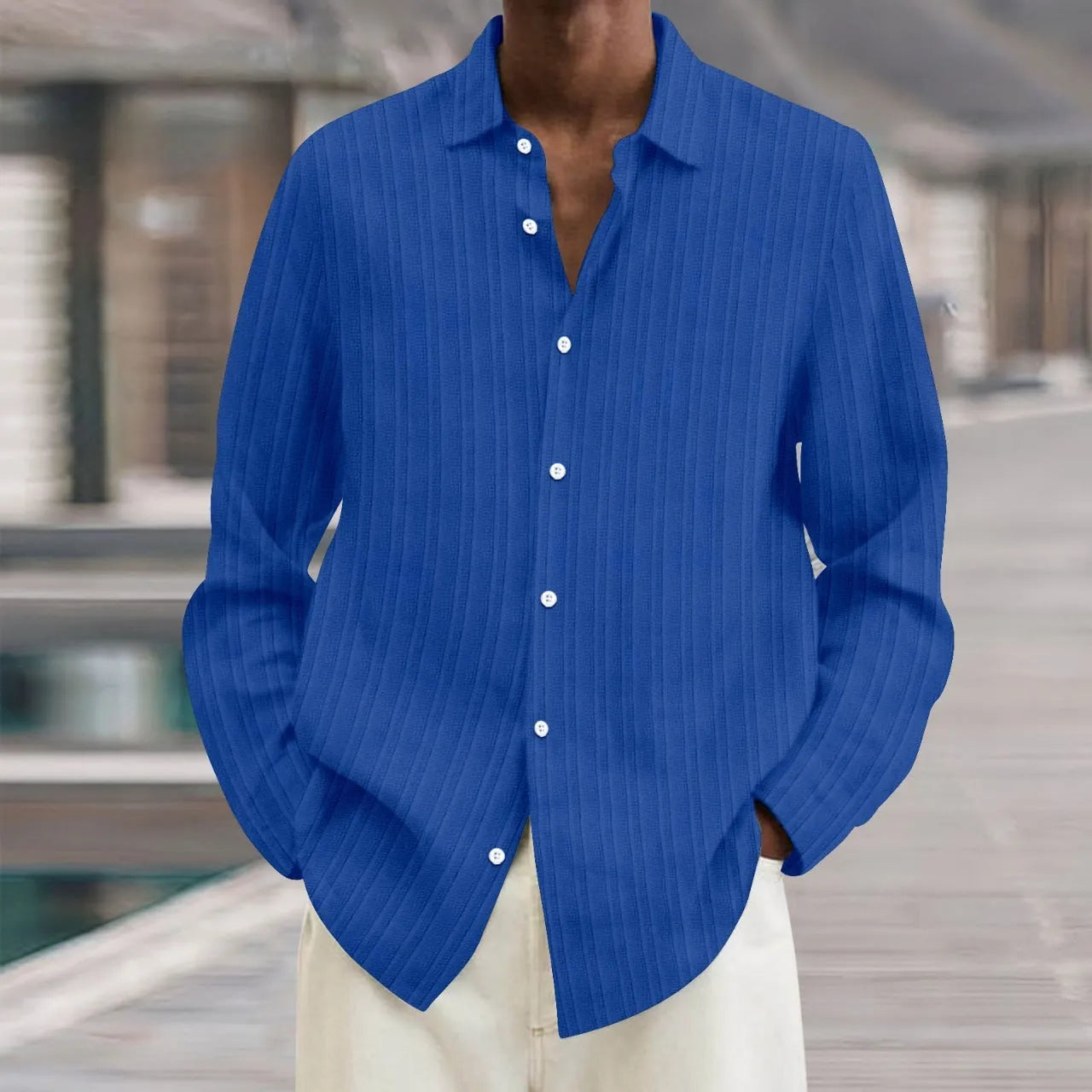 Men's striped cardigan long sleeve shirt in British style loose fit, available in multiple colours