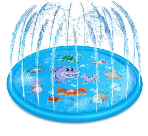 Blue PVC children's water spray play mat with marine animal designs, shown in 100cm and 170cm sizes.