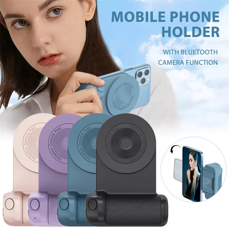 Black 3-in-1 magnetic phone camera holder with ergonomic handle on a wooden table.