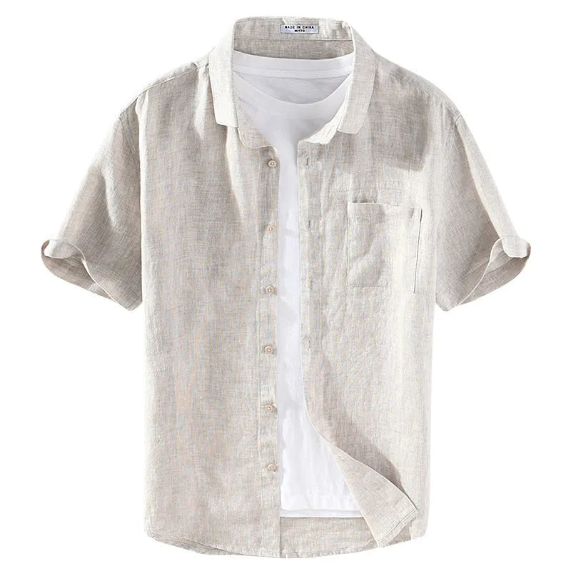 Men's linen square collar short sleeve shirt in raw jute colour on hanger