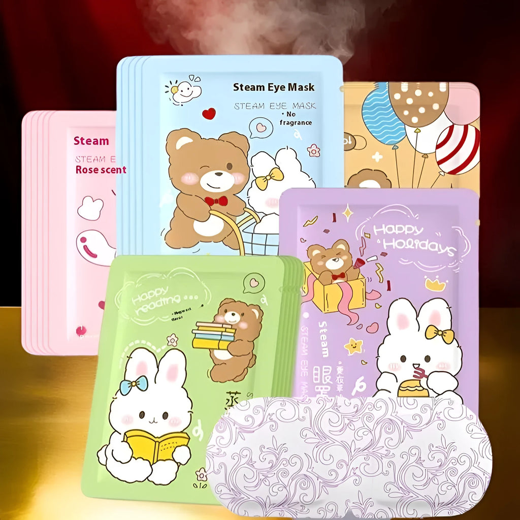 Cartoon steam eyeshade with rabbit and bear design, hot compress cotton eye mask for eye fatigue relief