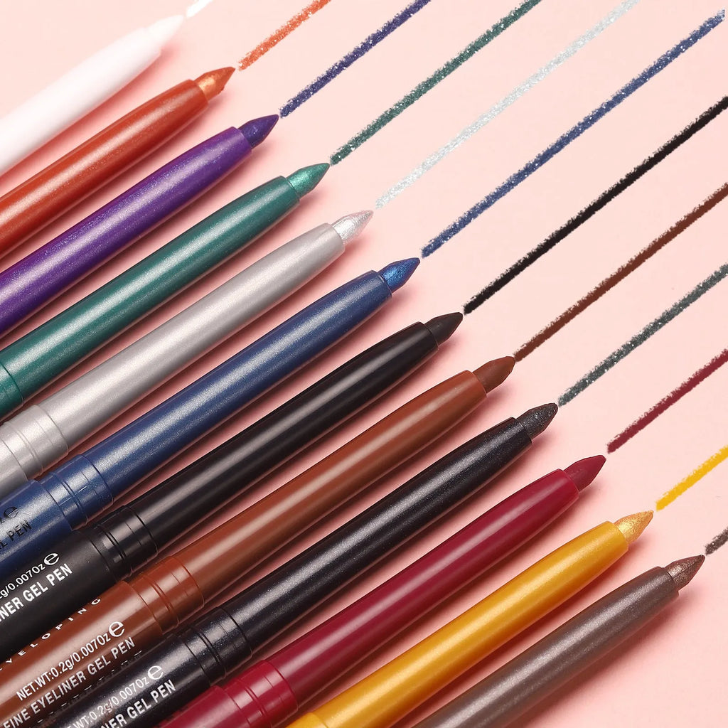 12 colourful gel glitter eyeliner pencils in waterproof formula with matte and glitter shades