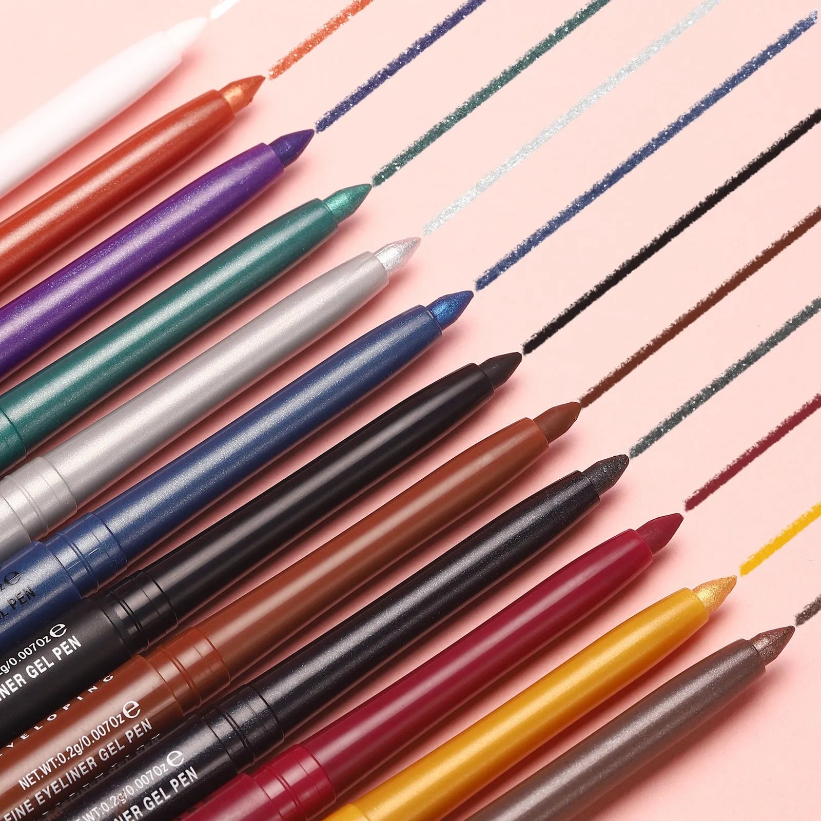 12 colourful gel glitter eyeliner pencils in waterproof formula with matte and glitter shades