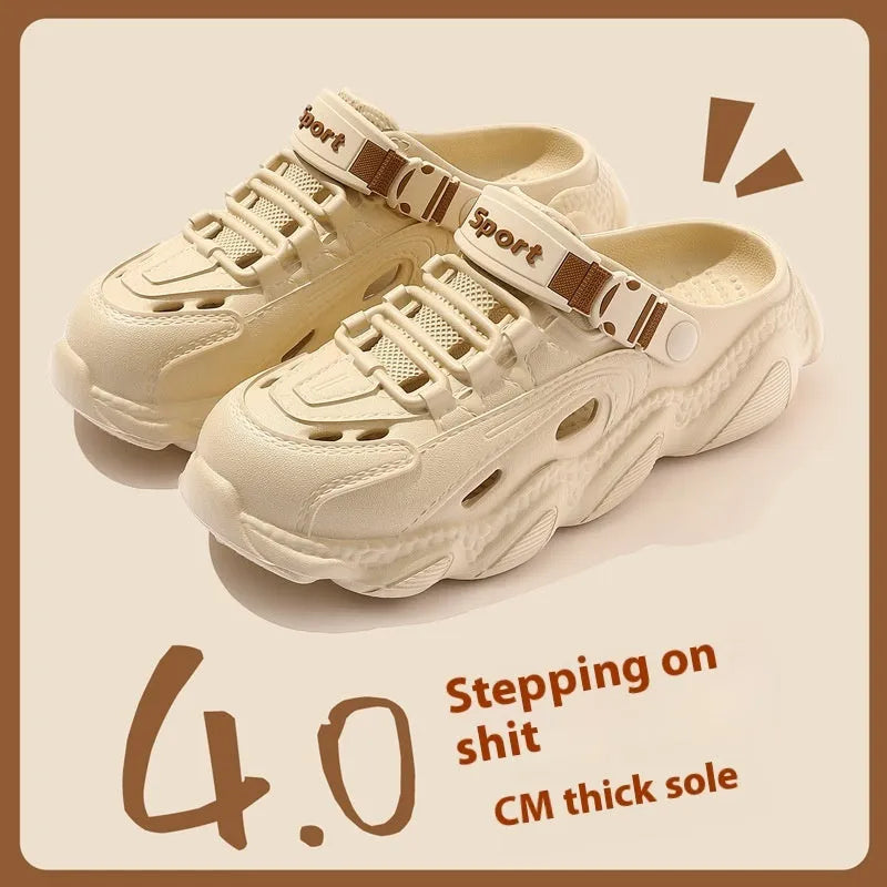 Men's khaki outdoor summer slippers with hollow-out breathable design and textured EVA sole