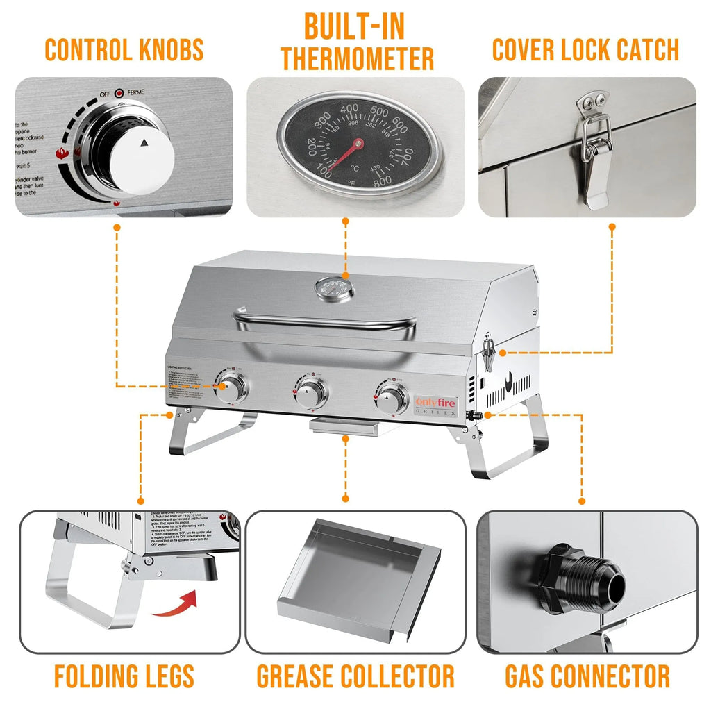 Silver desktop gas barbecue grill with three stainless steel burners and foldable legs