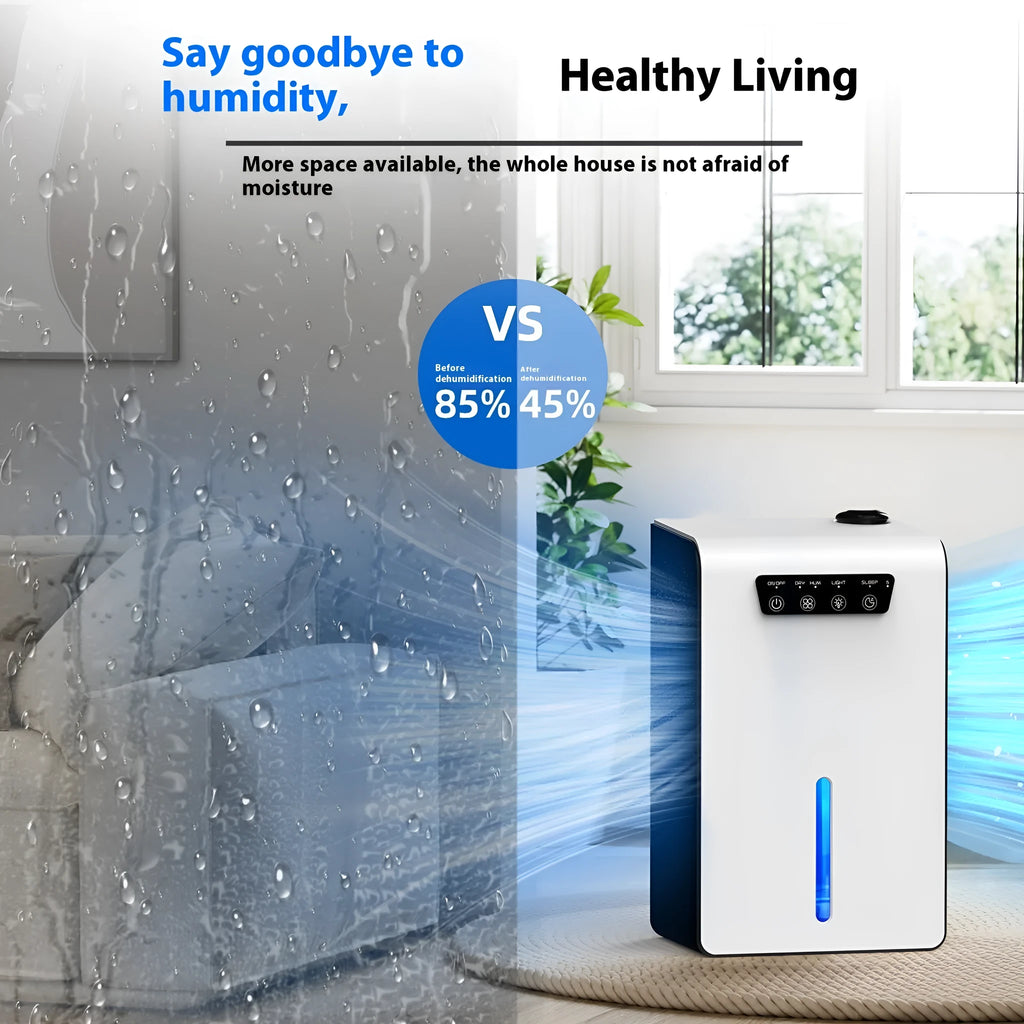 Milky white portable small dehumidifier for bedrooms with a 4-litre water reservoir.