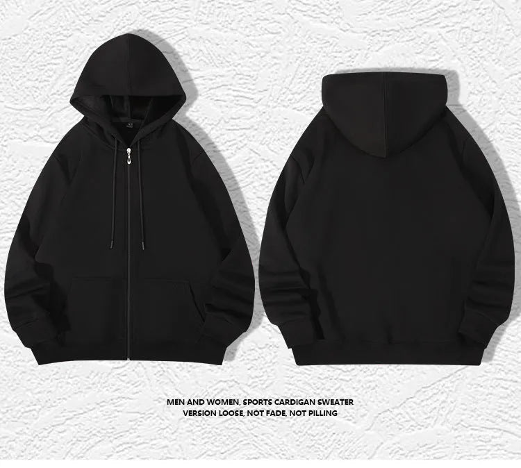 Man wearing a beige heavyweight zip-up hooded sweater, showing the front zip, hood, and top-stitch pocket detail.