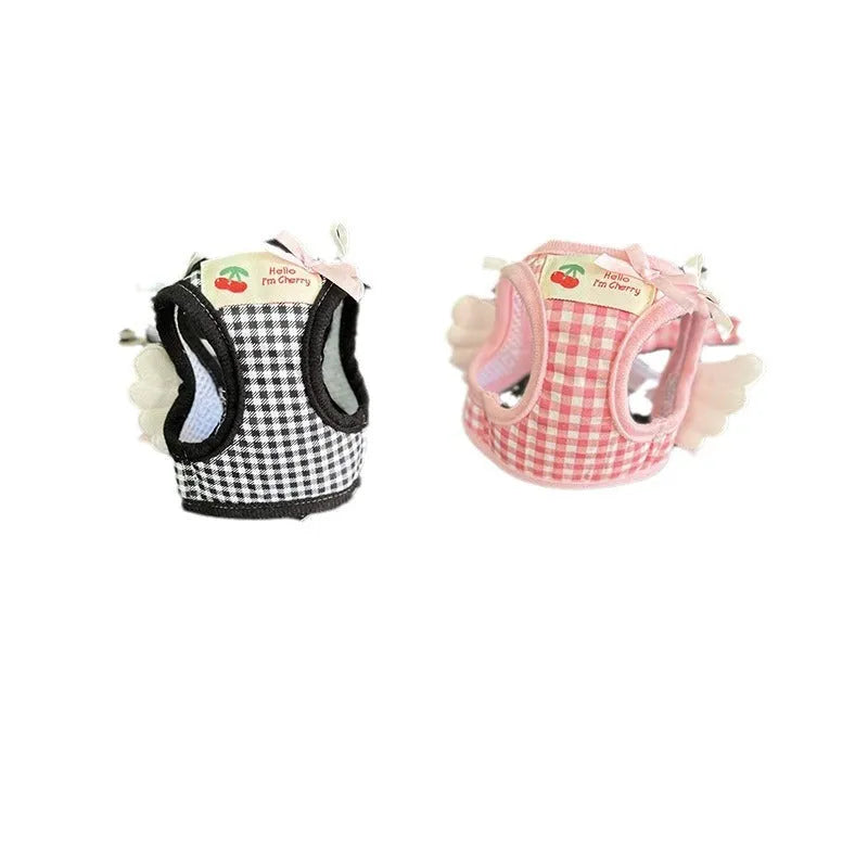 Cotton chest-back dog harness with hand holding rope for small dogs in pink colour