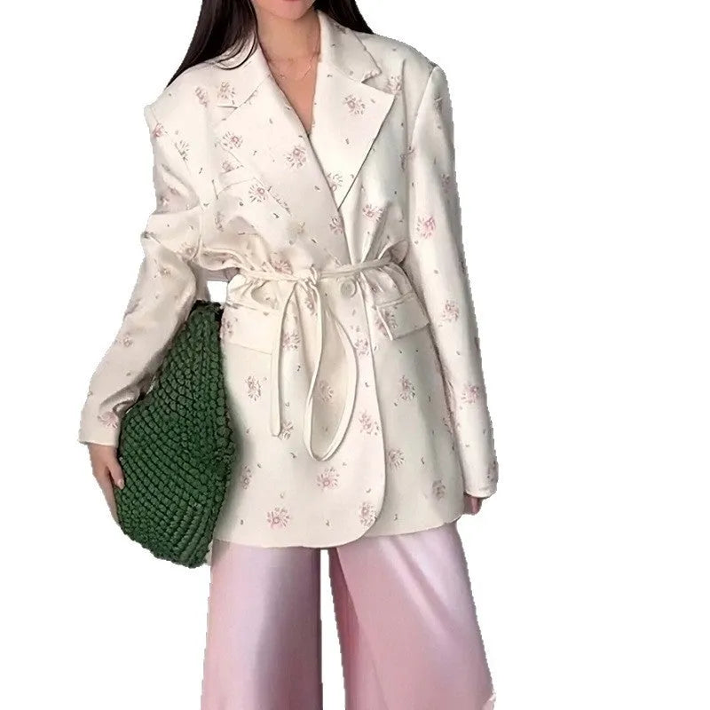 Women's collar lace-up waist-tight suit jacket in a floral print and solid colours.