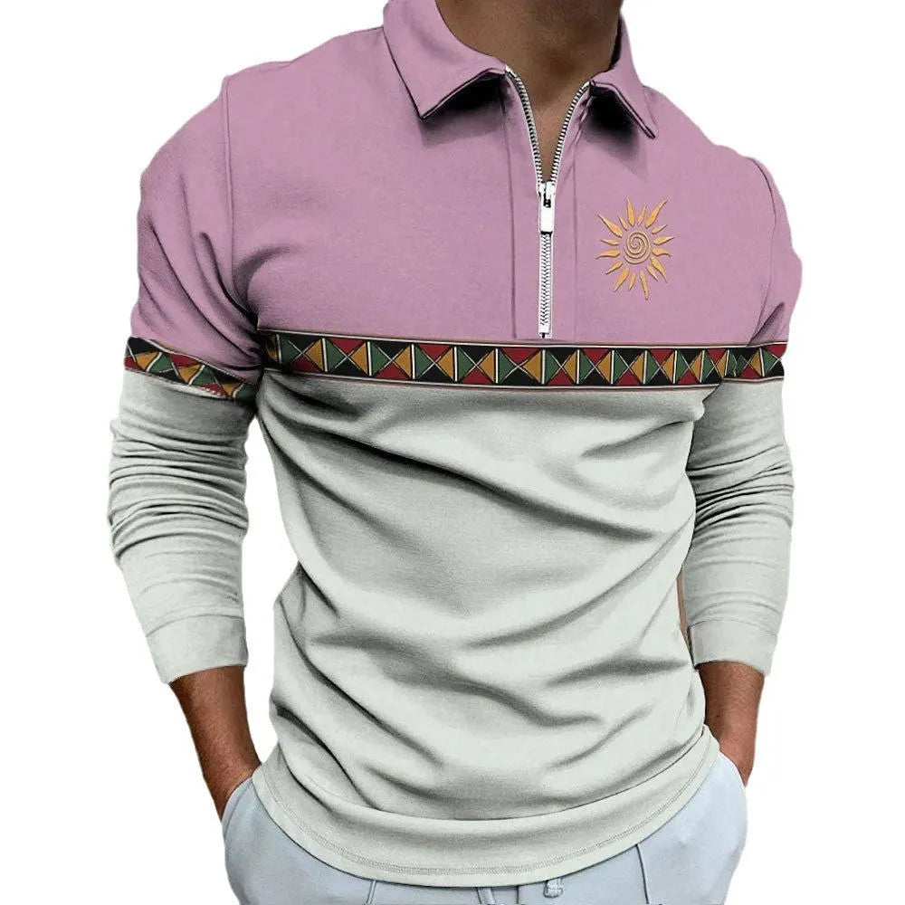 Men's loose fit long sleeve polo shirt with retro colour printing and zip decoration details.