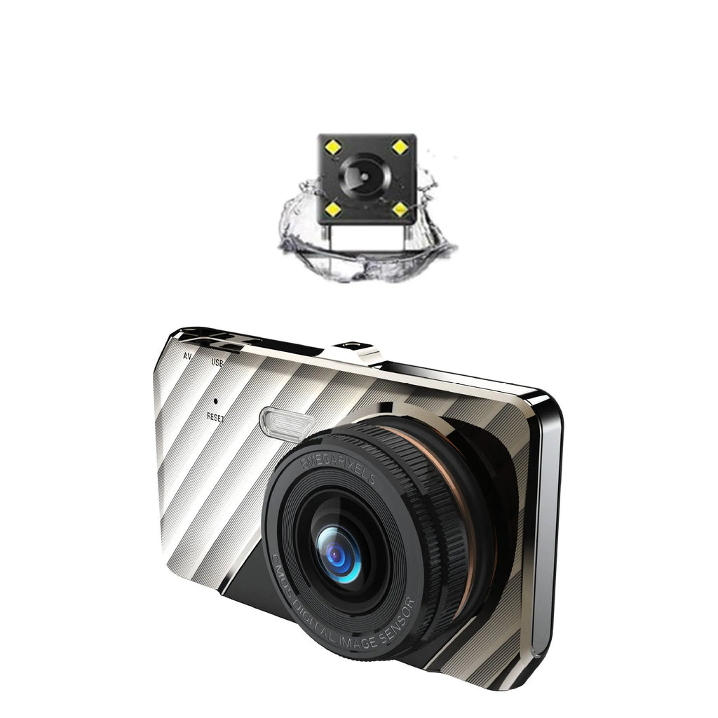 4 inch front and rear dual lens dashcam with touch screen, 170° angle, and night vision