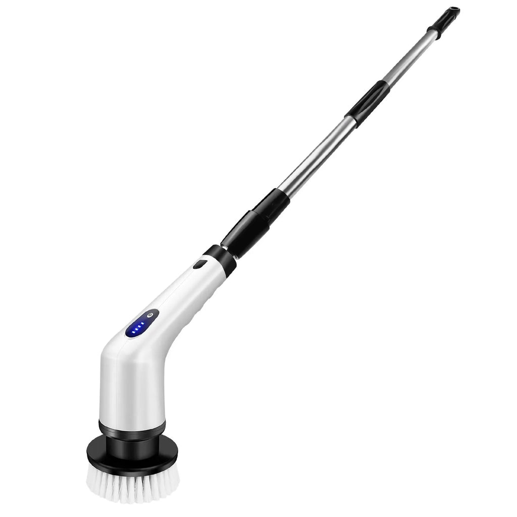 White rechargeable handheld cleaning ball with brush attachments and USB charging cable