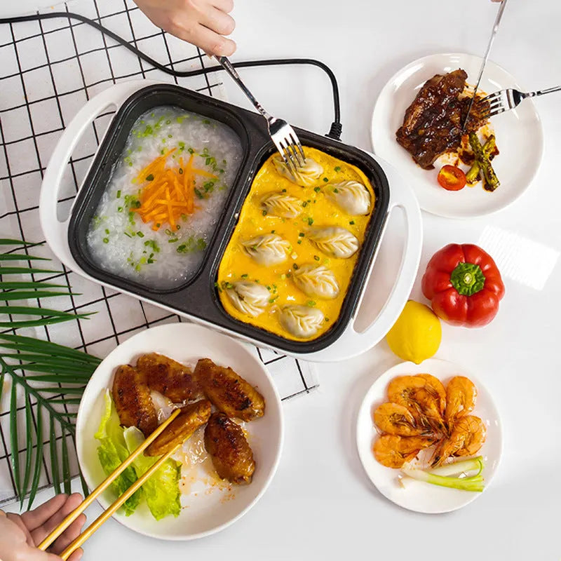 Green and white dual-use electric hot pot and frying oven appliance on a kitchen counter.
