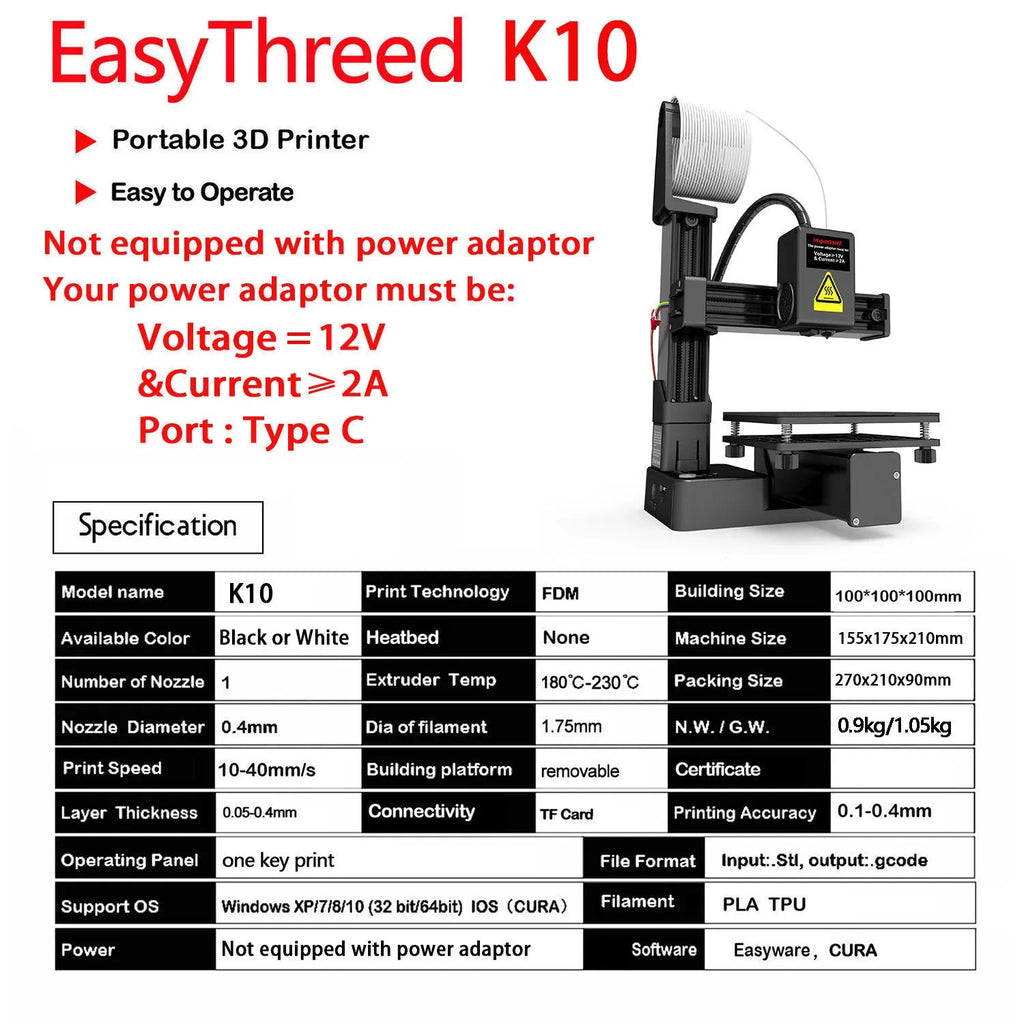 EasyThreed K10 white 3D printer on desk with TPU and PLA filament spools