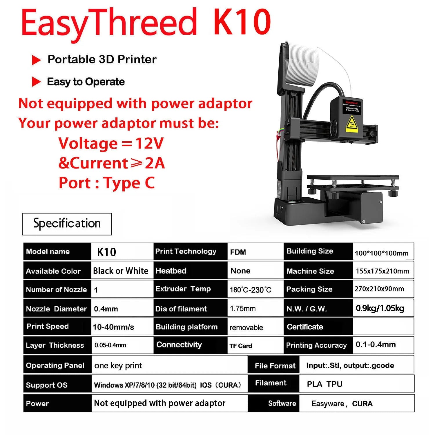 EasyThreed K10 white 3D printer on desk with TPU and PLA filament spools