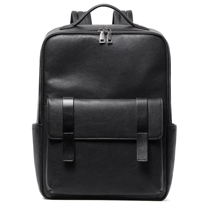 Large black genuine leather men's computer backpack with back support plate.