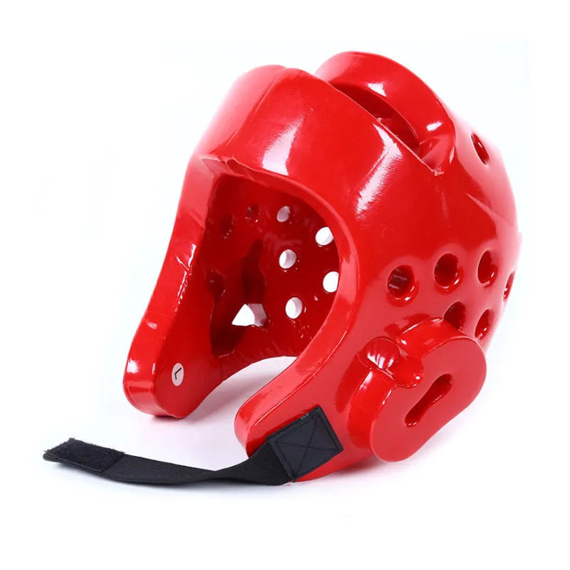 Complete martial arts protective gear set showing red boxing gloves, leg guards and helmet