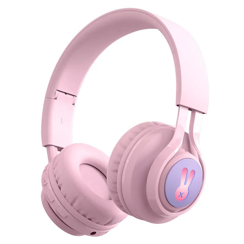 Wireless children's headphones in bunny pink with RGB lights, 15m range, and call function