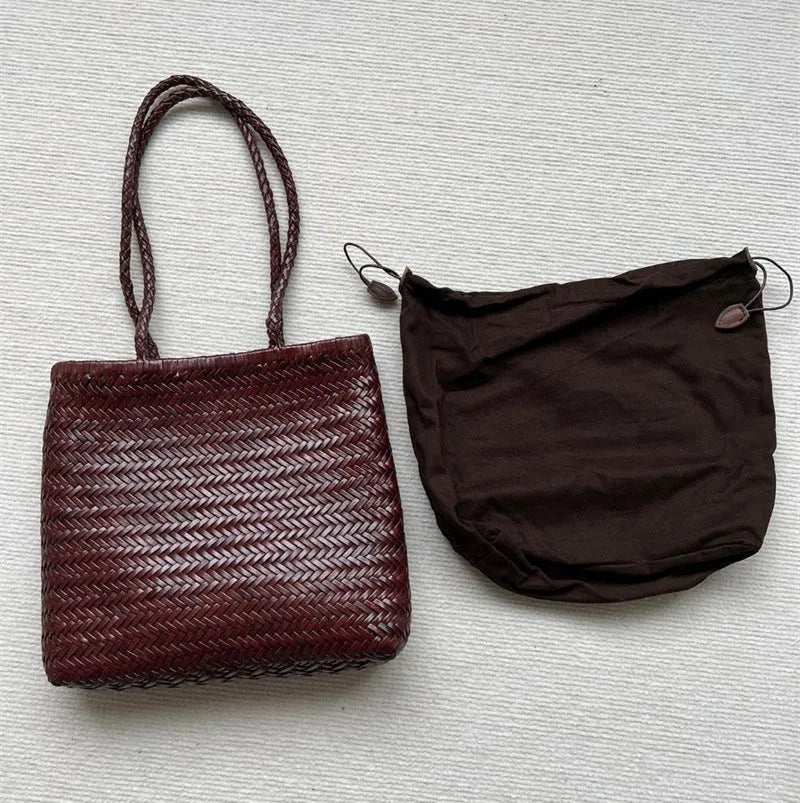 Handmade woven cowhide leather tote bag with three-dimensional pocket in brown colour