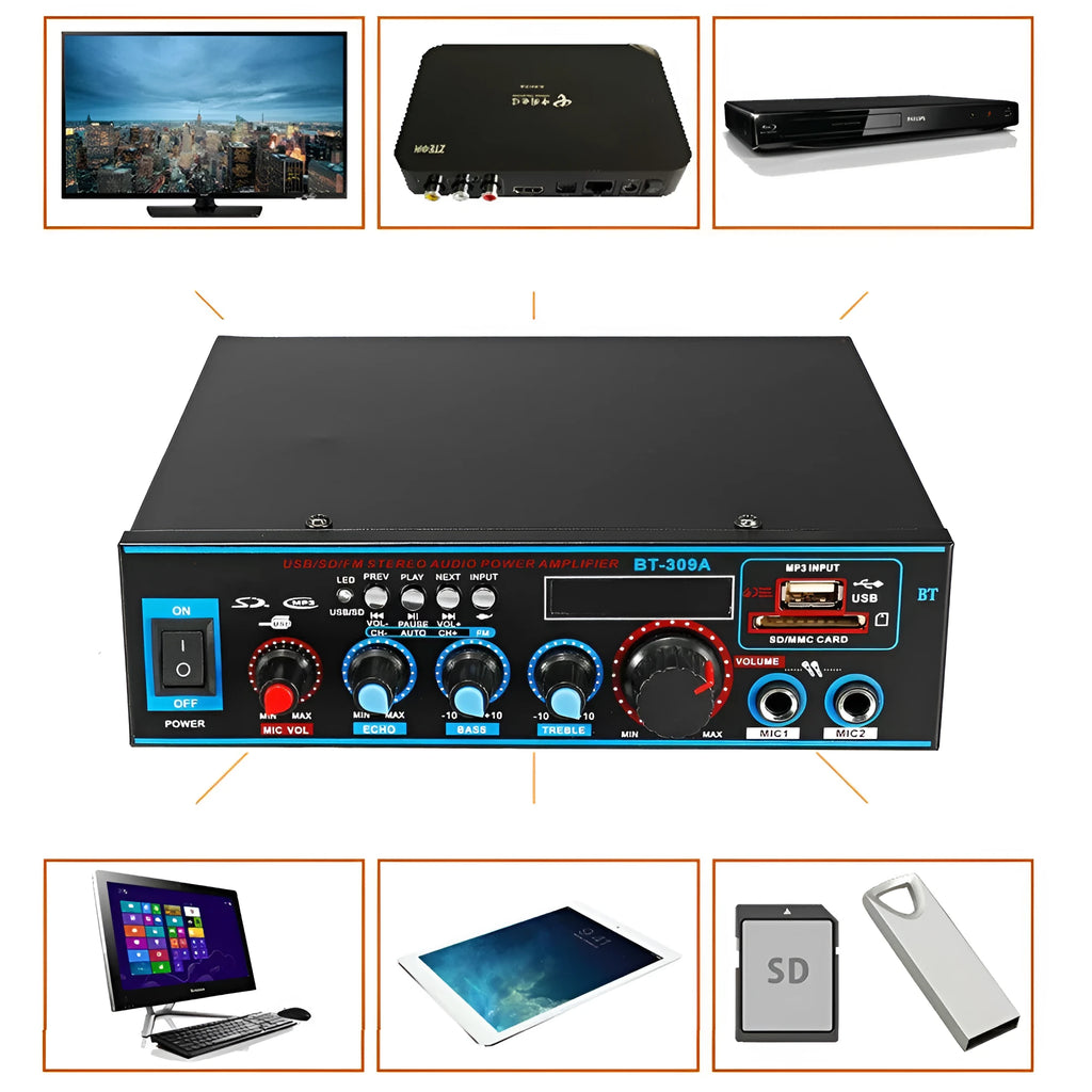 BT-309A-A black power amplifier with Bluetooth and FM functions for home and car audio systems