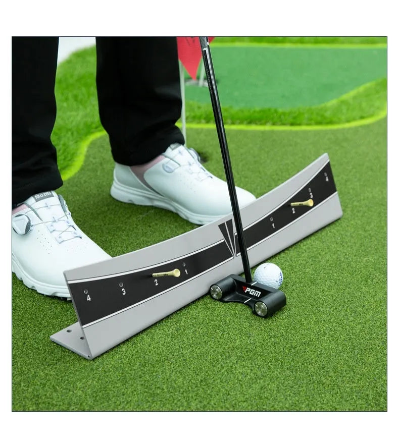 Adjustable golf putter trajectory balance simulator made from white PVC with a push rod balancer
