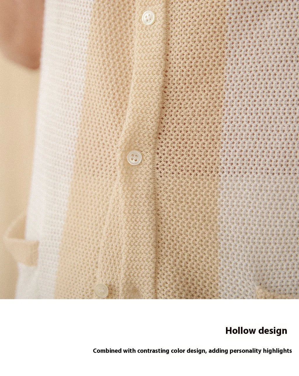 Hollow cotton linen lapel short sleeve cardigan knitted top in beige and chocolate colours on white background