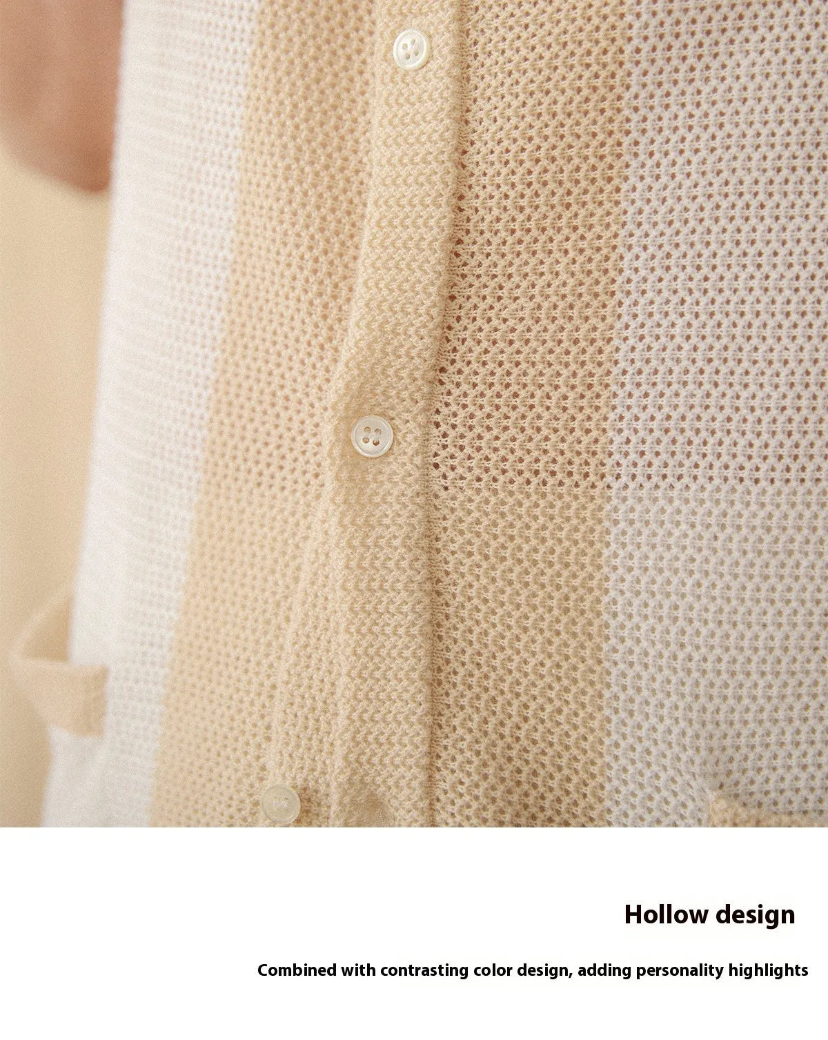 Hollow cotton linen lapel short sleeve cardigan knitted top in beige and chocolate colours on white background