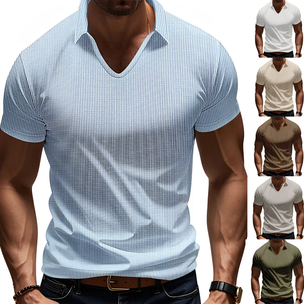 Man wearing a loose-fitting apricot V-neck short sleeve t-shirt against a plain background.