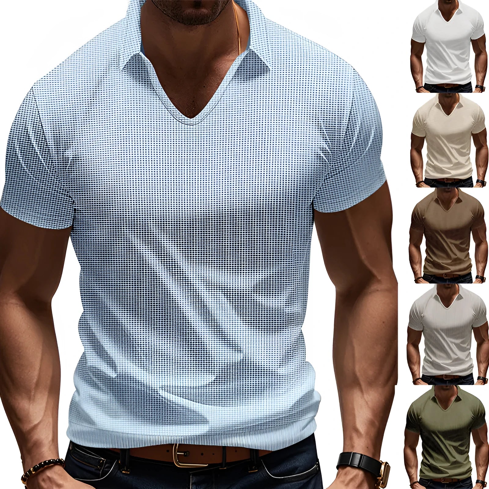 Man wearing a loose-fitting apricot V-neck short sleeve t-shirt against a plain background.