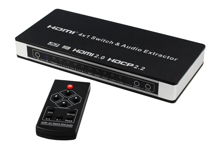 Black HDMI audio switch with four input ports, one output port, remote control, and international power adapters