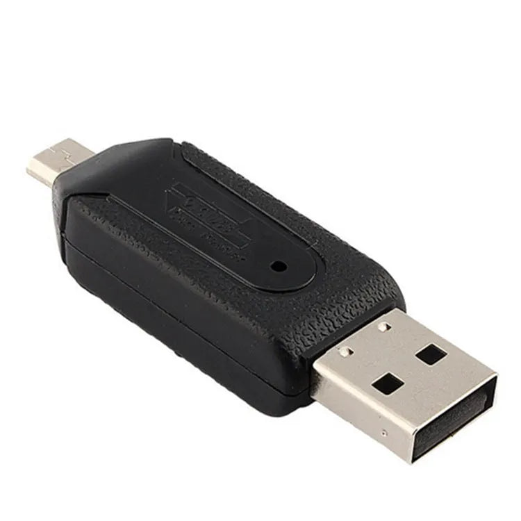 White OTG card reader with micro USB connector for Android phones showing SD and TF card slots