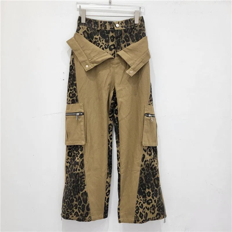 Dark khaki leopard print high-waist women's jeans with straight leg and retro tooling style details.