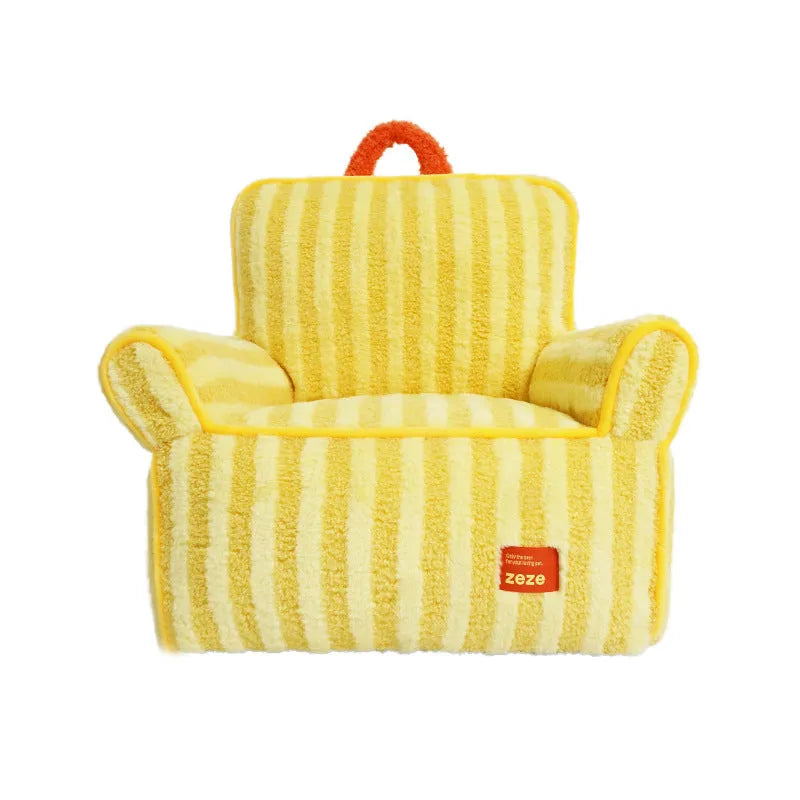 Striped soft velvet dog bed with a removable washable cover in orange, purple, or yellow.