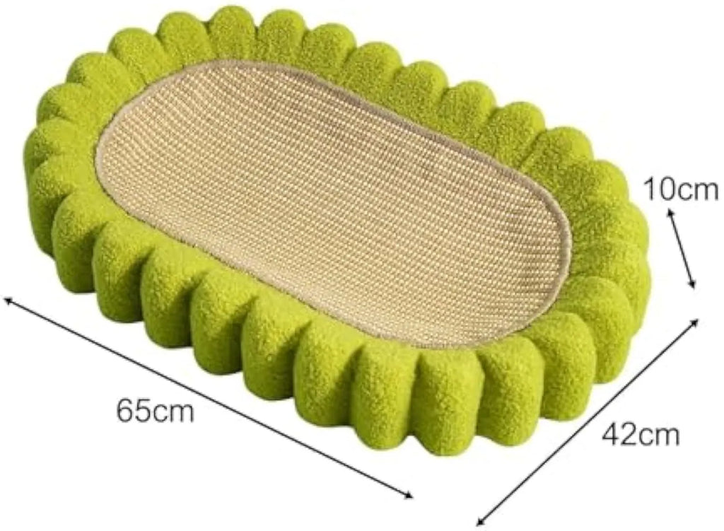 Green oval cat scratch pad and bed made from sisal measuring 650x420x100mm