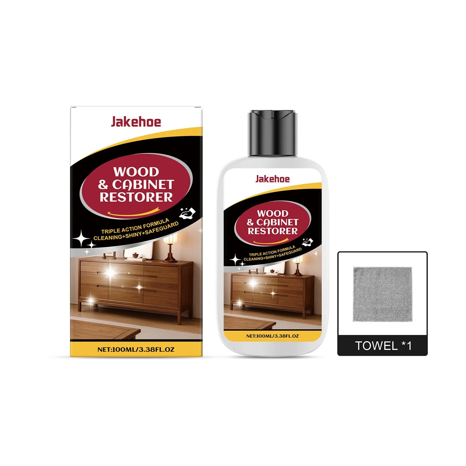 Wood furniture scratch care kit with 100ml bottle and 20cm polishing towel for cleaning and maintenance