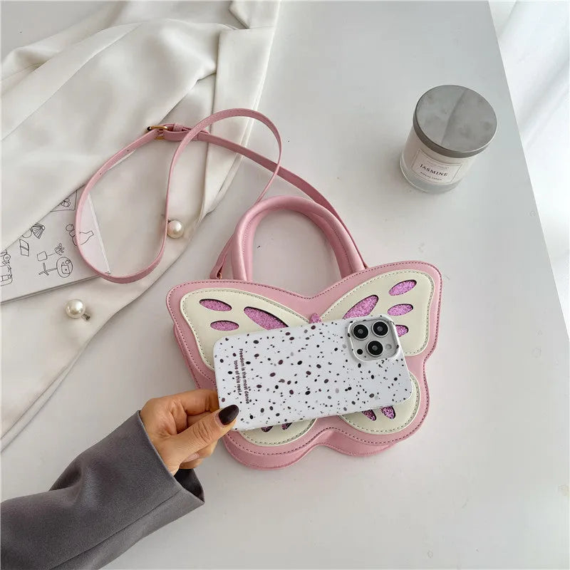 Women's square crossbody bag in PU leather showing black, blue, pink and white colour options with 27cm width
