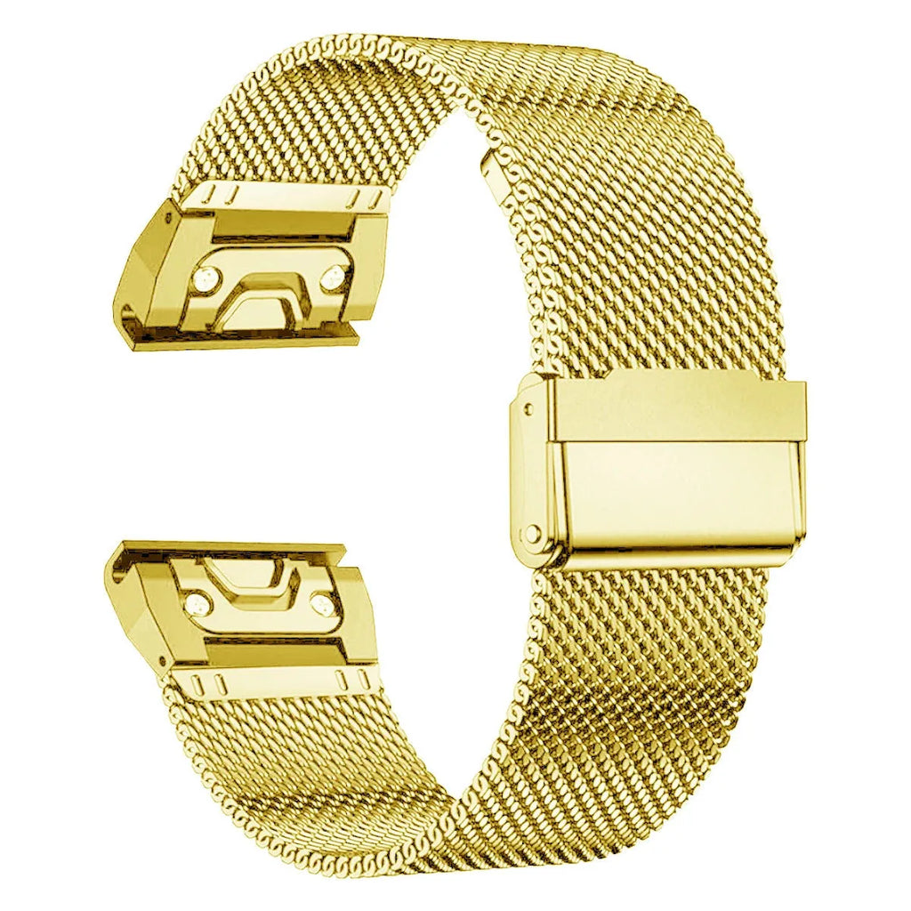 Stainless steel card strap for Garmin Fenix smartwatches in silver, black, gold, and rose gold colours